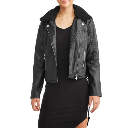 Shearling Leather Coat - New Look Juniors' Faux Shearling Collar Moto Jacket