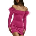 thumbnail image 2 of Women's Off Shoulder Rib Knit Mini Dress Sexy Women's Slim Fit Dress Feather Long Sleeve Cocktail Evening Dress-Sapphire Blue-M, 2 of 7