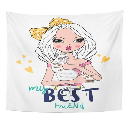 ZEALGNED Adorable Love Girl with White Cat Paris Baby Beautiful Best Cartoon Wall Art Hanging Tapestry Home Decor for Living Room Bedroom Dorm 51x60