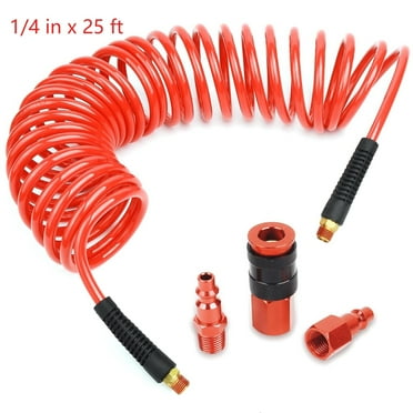 Polyurethane Recoil Air Hose, 1/4 in x 25 ft with Bend Restrictors Compressor Hose with 1/4" Industrial Universal Quick Coupler and I/M Plug Kit, Red