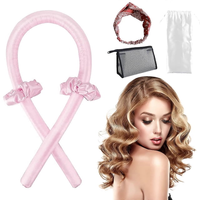 Set de rizador de pelo sin calor con varilla de satén y diadema con pinzas para peinar durante la noche el cabello largo y medio (rosa)
