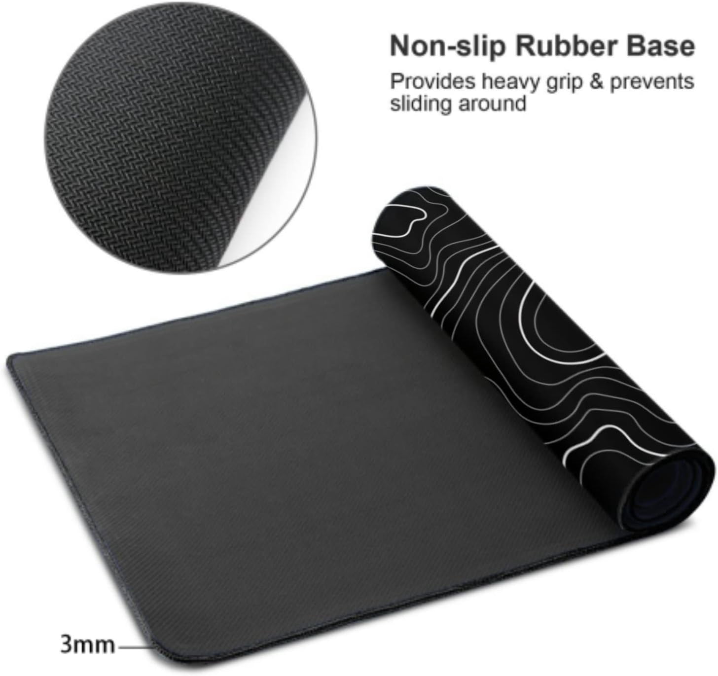 Topographic Contour Gaming Mouse Pad 35.4 X 15.7 Inch XXL Black Geographic Map Lines Full Des Mousepad Extended Large Non-Slip Rubber Base Keyboard Mat with Stitched Edges for Home Office