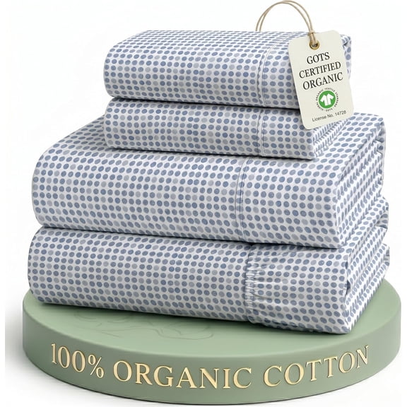 Organic Cotton Queen Bed Sheet Set Polka Dot Blue 15 Inch Deep Pockets