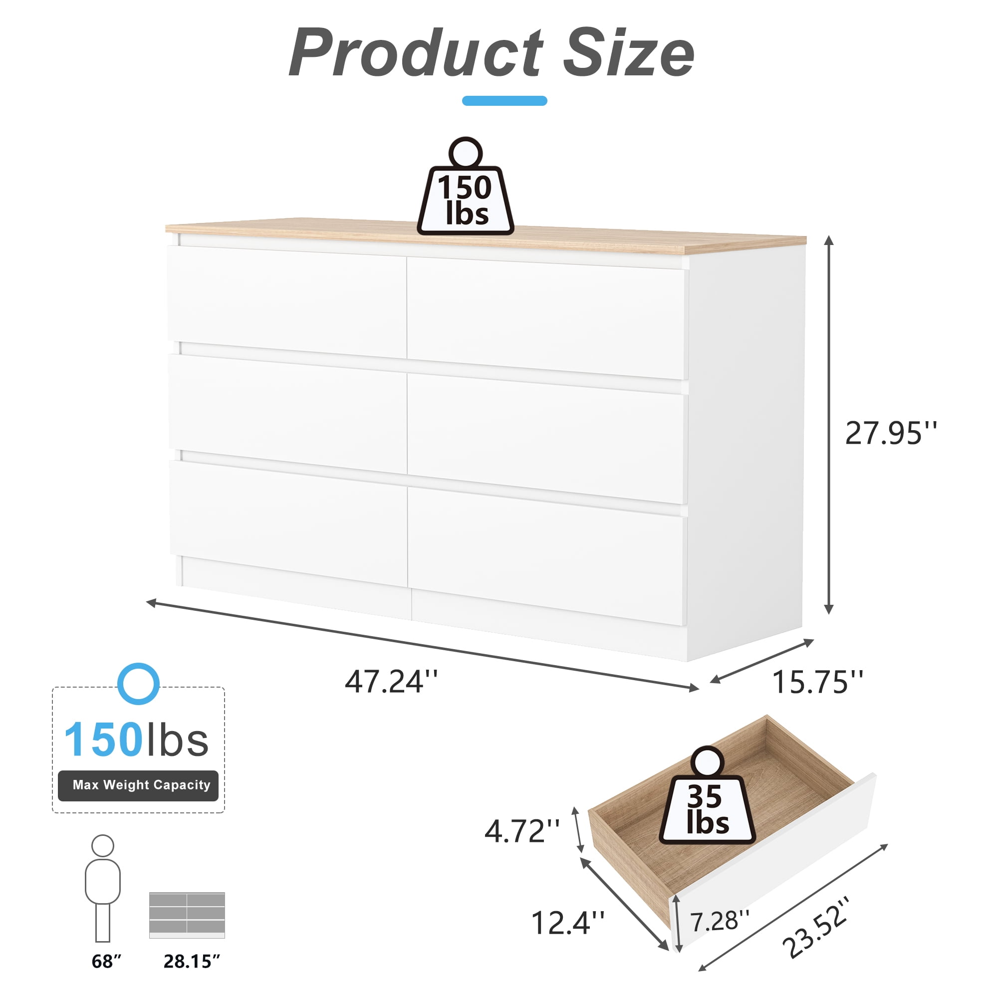 Demi Bonn 6 Chest of Drawers Dresser for Bedroom, Wide Storage Organizer Cabinet with Natural Color Tabletop for Living Room, Hallway, White