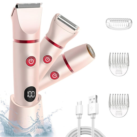 Syenll Bikini Trimmer for Women, 3 in 1 Electric Razor with LCD Display, Painless Body Hair Trimmer, Grooming Kit for Face, Legs, Underarm, Pubic, Pink