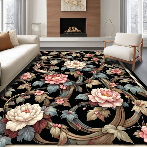 Flatwoven High Traffic Area Rug, Midnight Garden Floral with Elegant Curves and Swirling Vines, Non Slip, Stain Resistant, Washable Area Rugs for Living Room, Bedroom(Black, 4X6)