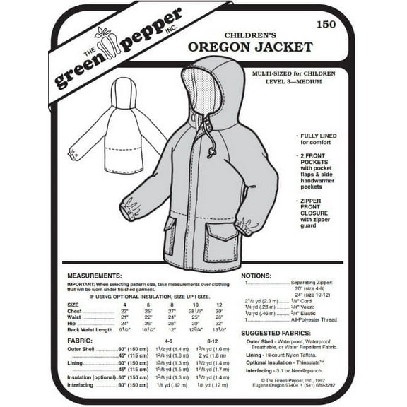 Children's Kids Oregon Jacket Coat #150 Sewing Pattern (Pattern Only)