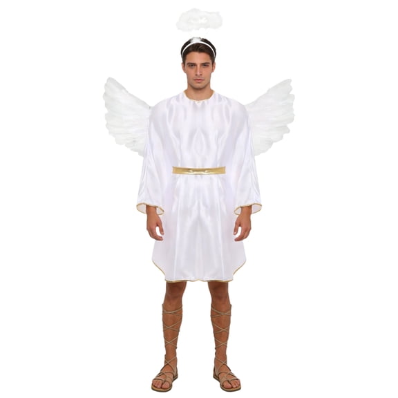 TiaoBug Men's Angel Dress Gold Trim Batwing Sleeve Robe with Wings and Headwear 3 Pcs Angel Outfits for Men White M