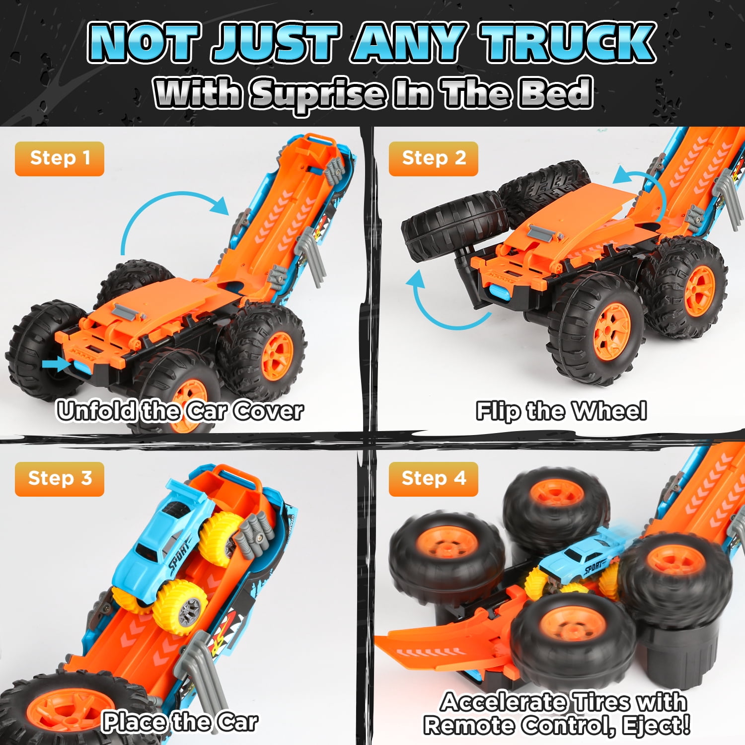 Huge Wave Remote Control Car, 1:16 Scale RC Stunt Monster Truck Toys, with Transform Track and Mini Car, Christmas Birthday Gift