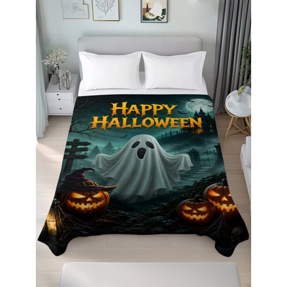 Full Flat Sheet Only Happy Halloween Ghost Pumpkin Soft Microfiber Cooling Bedding Sheets Retro Haunted House Flat Bed Sheet for Hotel,Home Decor