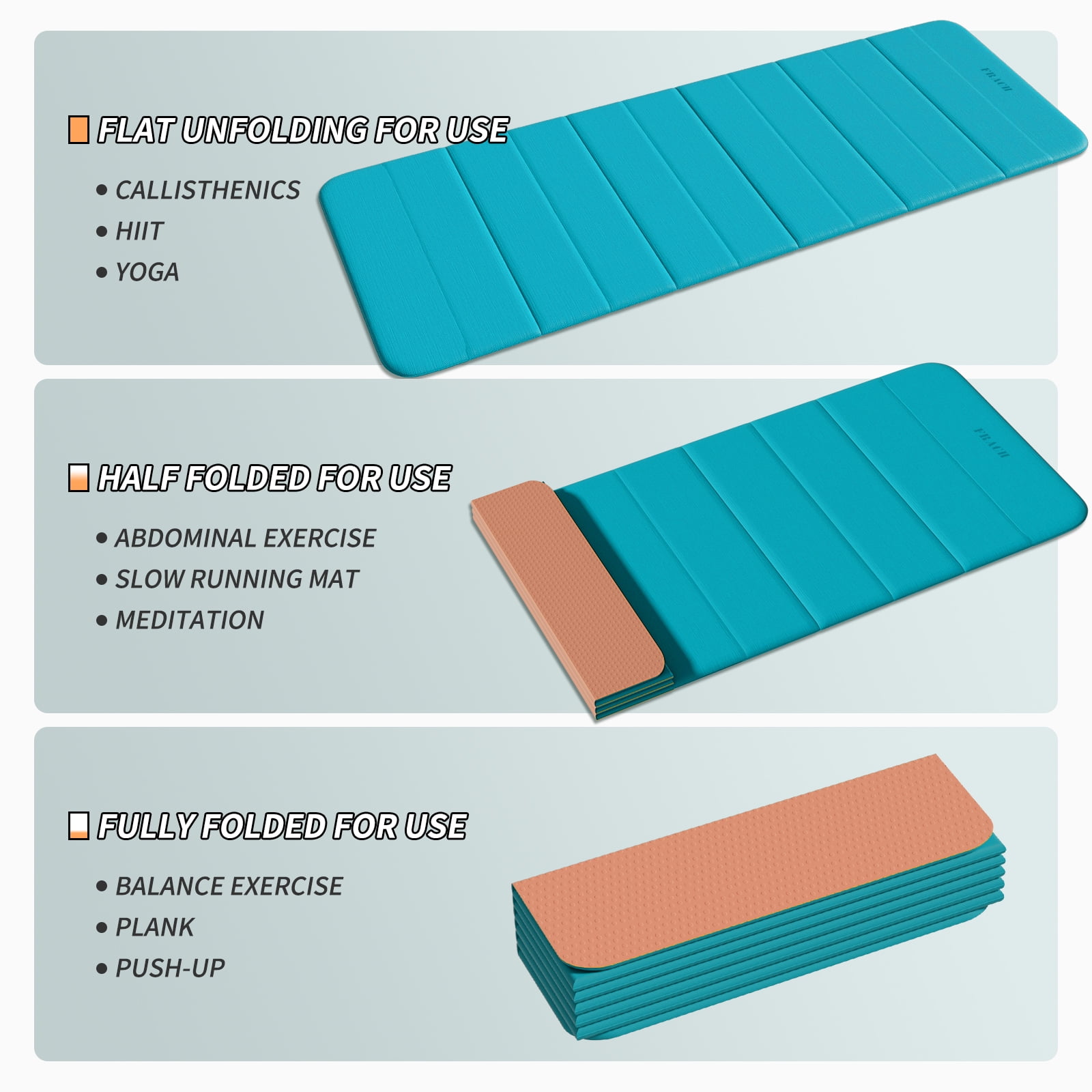 Frach Foldable Yoga Mat Extra Long 75",0.4" Thick Exercise Mat,Muti-fundctional,High-Density for Gym and Travel,Indoor and Outdoor(Blue+Orange)