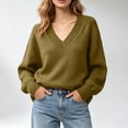thumbnail image 2 of MaFYtyTPR Women V-Neck Pullover Sweater Winter Solid Color Long Sleeve Knitted Tops Casual Relaxed Fit Warm Sweaters 01-Army Green L, 2 of 6