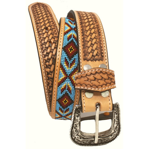 29-30 Unisex 1.5" Western Floral Tooled Beaded Full-Grain Leather Belt 26RT31B