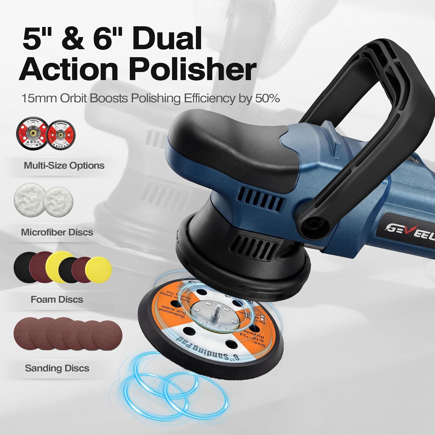 GEVEELIFE Buffer Polisher, 15mm Dual Action Random Orbital Polisher, 5 Inch/6 Inch Car Detailing Kit, 6 Variable Speed 2000-5200 RPM – Professional Car Buffer for Trucks and SUVs