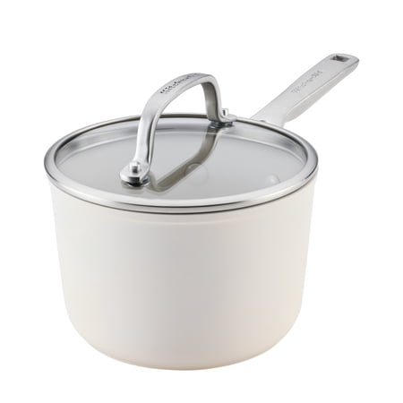 KitchenAid Hard-Anodized 2 Quart Ceramic Induction Saucepan with Lid, Dishwasher Safe and Oven Safe to 500°F, Porcelain White