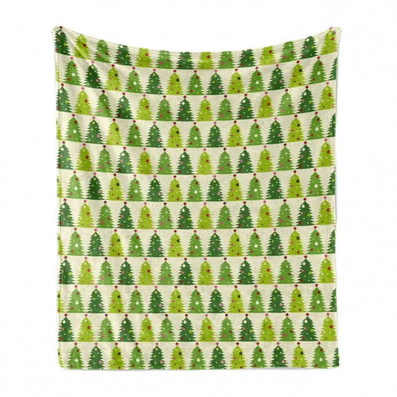 Christmas Tree Soft Flannel Fleece Throw Blanket, Christmas Pine Trees with Ornaments and a Star on Top Wavy Stripes, Cozy Plush for Indoor and Outdoor Use, 60" x 80", Multicolor, by Ambesonne
