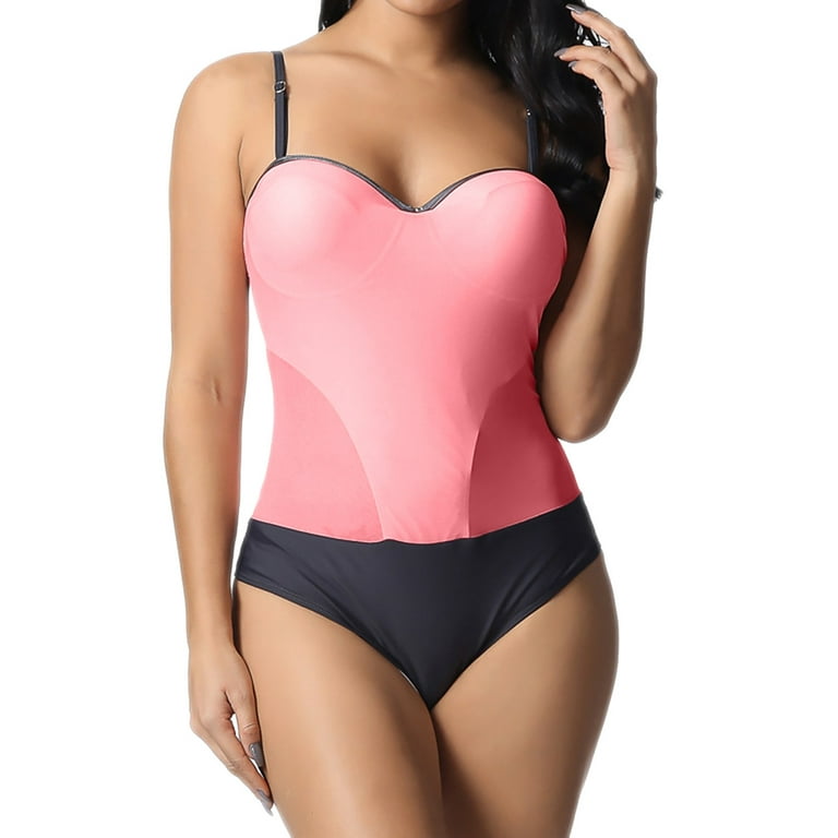 KaLI_store Swimsuits Womens Swimsuits Tummy Control Swim Dress One Piece  Swimsuit Plus Size Swimwear V Neck Bathing Suits Swim Dress Pink,L 