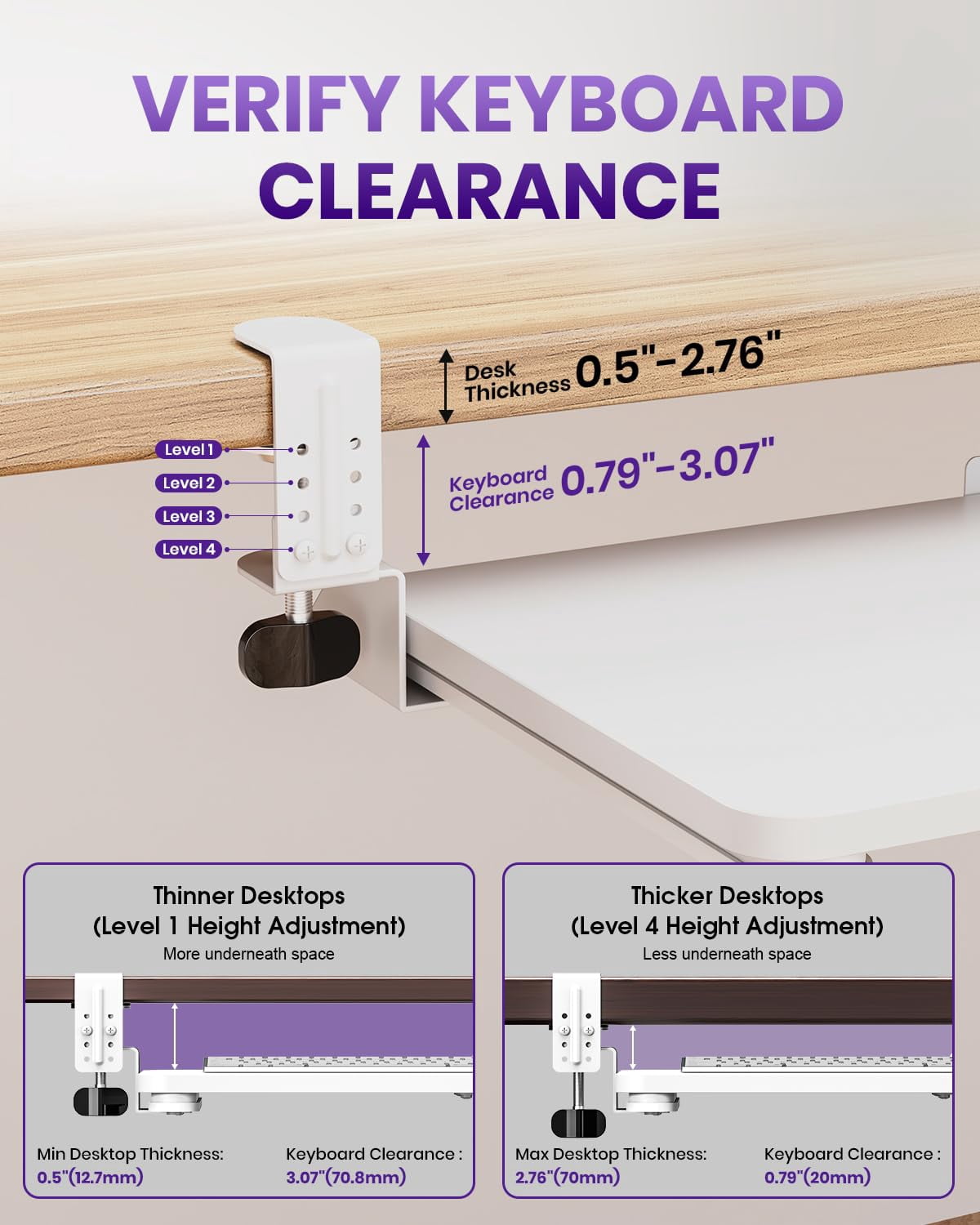 Mouse & Tray Under Desk  Pull Out With Adjustable C-clamp 20 (25.9 Including Clamps) X 11.8 Inch Slide Computer Drawer For Typing White