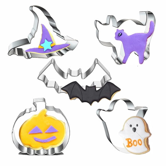 Halloween Cookie Cutters Set Large - 8 PCS Stainless Steel Fall Cookie Cutter Witch's Hat, Pumpkin, Ghost, Bat,Cat, Vampire Teeth, Broom, Coffi