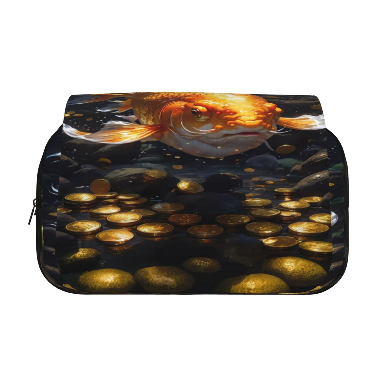 Rateoe Golden Koi And Treasure Pattern Double Clamshell Pen Case, Storage Organizer with Two Zipper Compartments– Holds Up to 50 Pencils & Pens