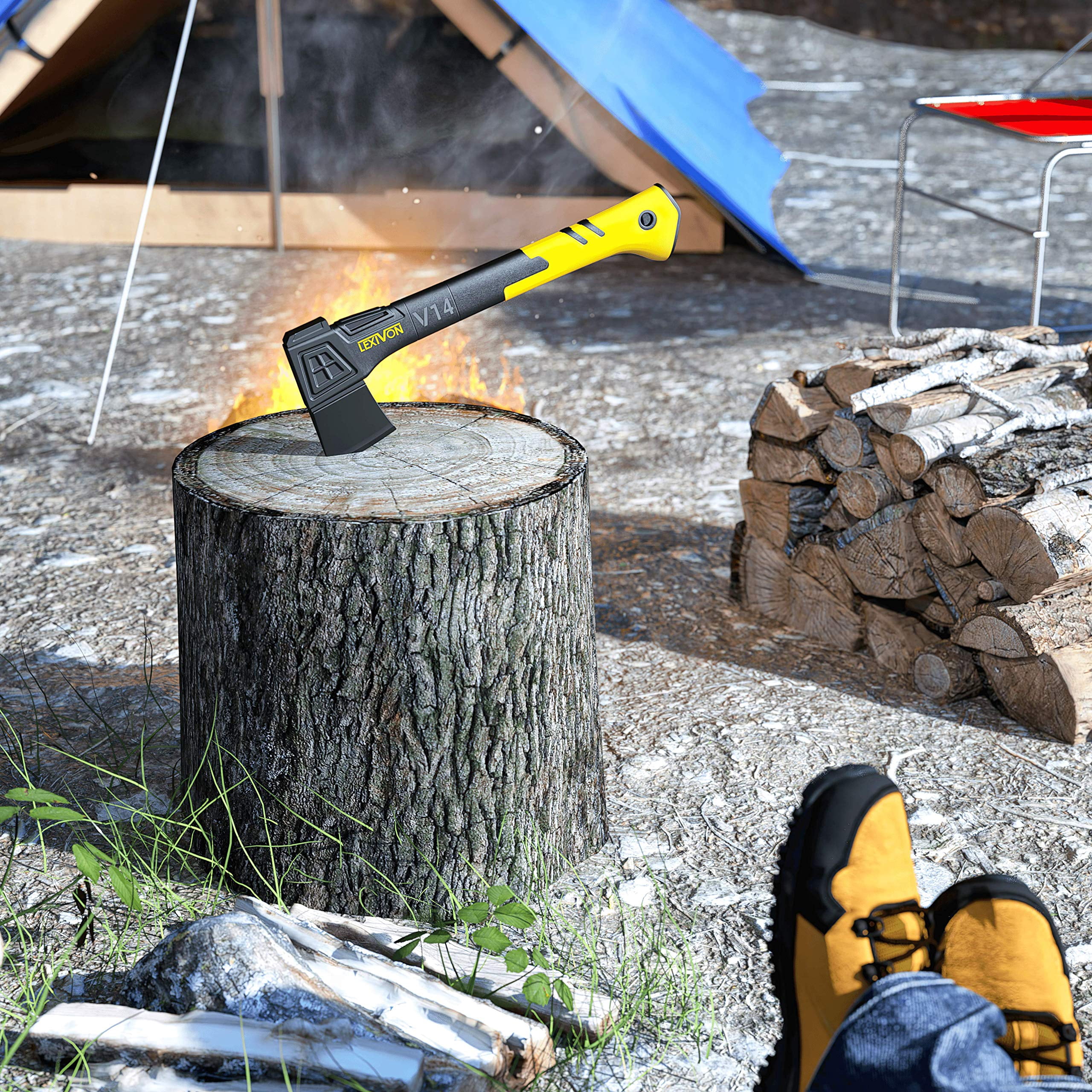LEXIVON V14 Camping Hatchet, 14-inch Axe | Ergonomic TPR Grip, Lightweight Fiber-Glass Composite Handle | Protective Carrying Sheath Included (LX-V14)
