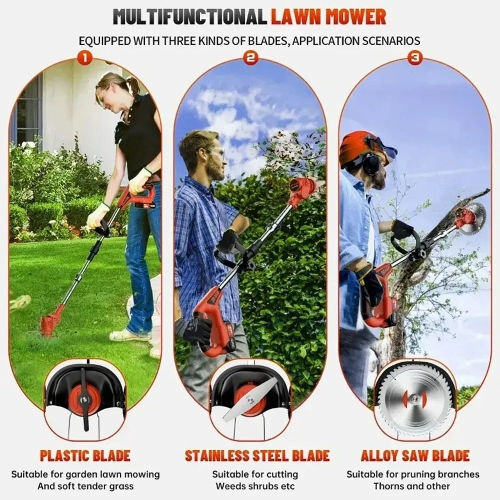 Cordless Weed Eater Electric Brush Cutter Lawn Edger Grass String Trimmer with 2x 5.0Ah Batteries, 3 Blade Types, Adjustable Height for Lawns, Gardens, Shrub Trimming, Suitable for All Ages