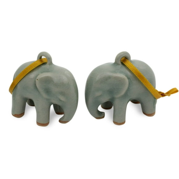 NOVICA Celadon Ceramic Handing Holiday Ornaments, Light Blue Elephant' (Pair)