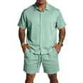 thumbnail image 2 of Sewkxo 2 Piece Set for Men Short Sleeves Lapel Button Up Shirts Drawstrings Beach Shorts Summer Beach Casual Suits with Pockets,Light Green L, 2 of 6