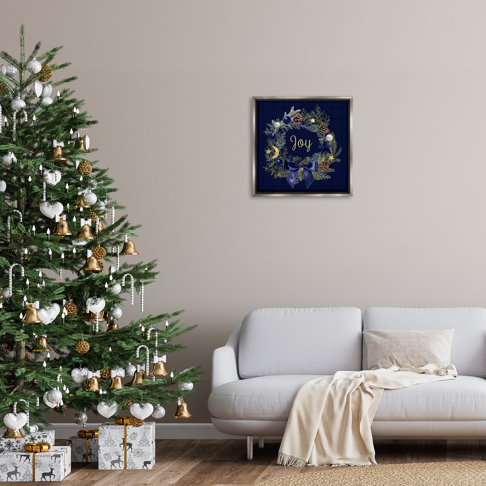 Stupell Industries Joy Holiday Wreath Holiday Painting Gray Floater Framed Art Print Wall Art, 25 x 25