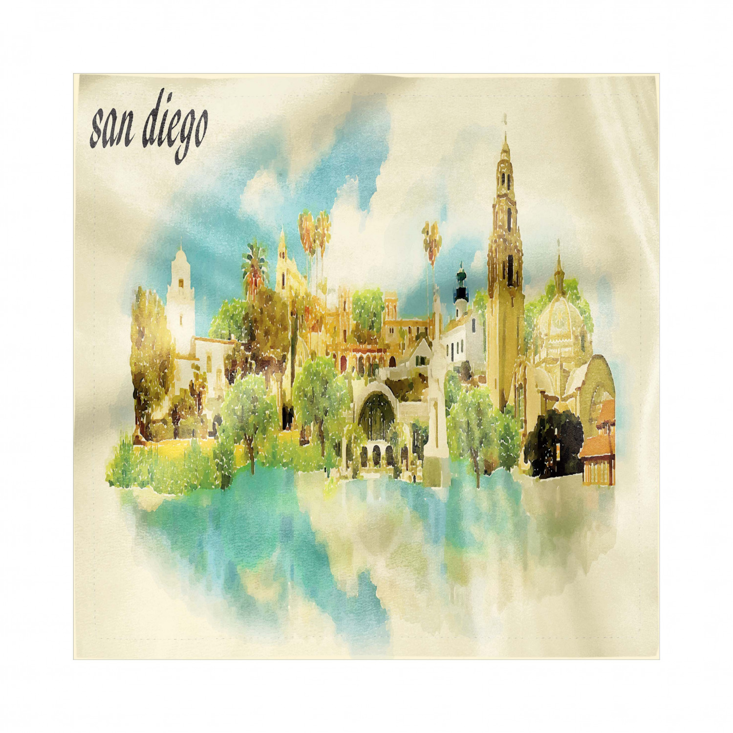 San Diego Decorative Napkins Set of 4, Panoramic Cityscape Watercolor