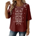 thumbnail image 4 of Vinsonshop Cotton Linen Embroidered Casual Blouses for Women Short Sleeve Crewneck Boho Floral Shirts Flowy Tunic Peasant Tops Lightweight Loose Fit Summer Everyday Wear Wine 4XL, 4 of 5