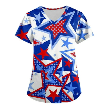

QAZXD Womens Summer Independence Day Scrub Tops V-Neck Short Sleeve Graphic Prints Shirts Blouse Blue XL