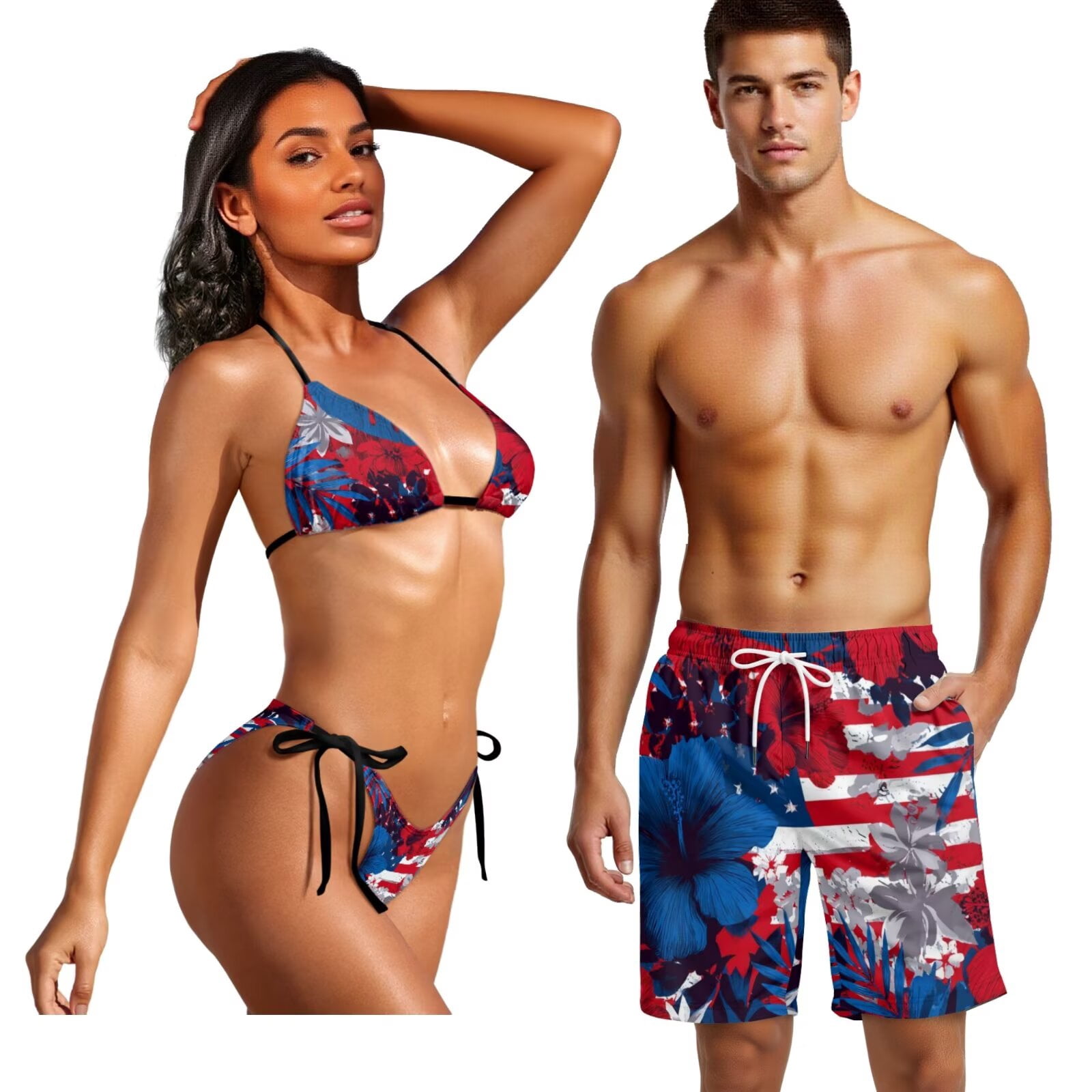 Uourmeti American Flag Hibiscus Print Bikini Sets for Women Mens Swim Trunks Matching Swimsuits Patriotic Floral for Couples Tropical Vacation Summer Beach Swimwear Summer Bathing Suit