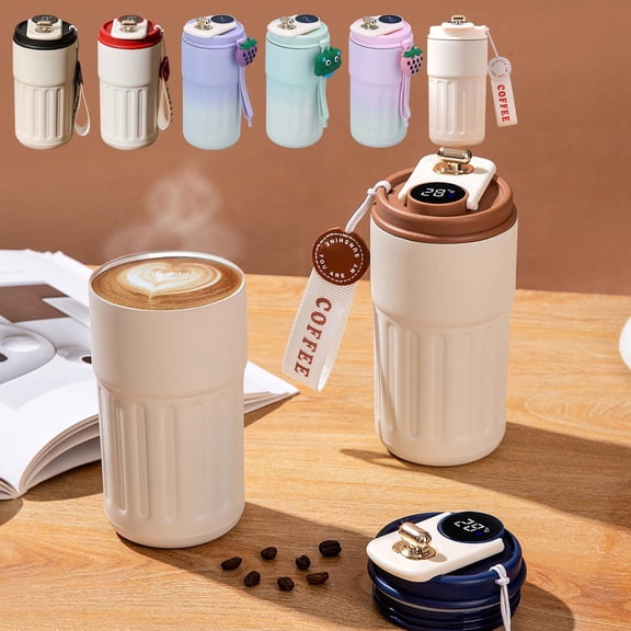 Wzzjkit Insulated Coffee Mug with Lid, LED Display Travel Tumbler with Handle, Stainless Steel Cup for Camping Office Home, Travel Coffee Mug for Hot/Cold Beverages