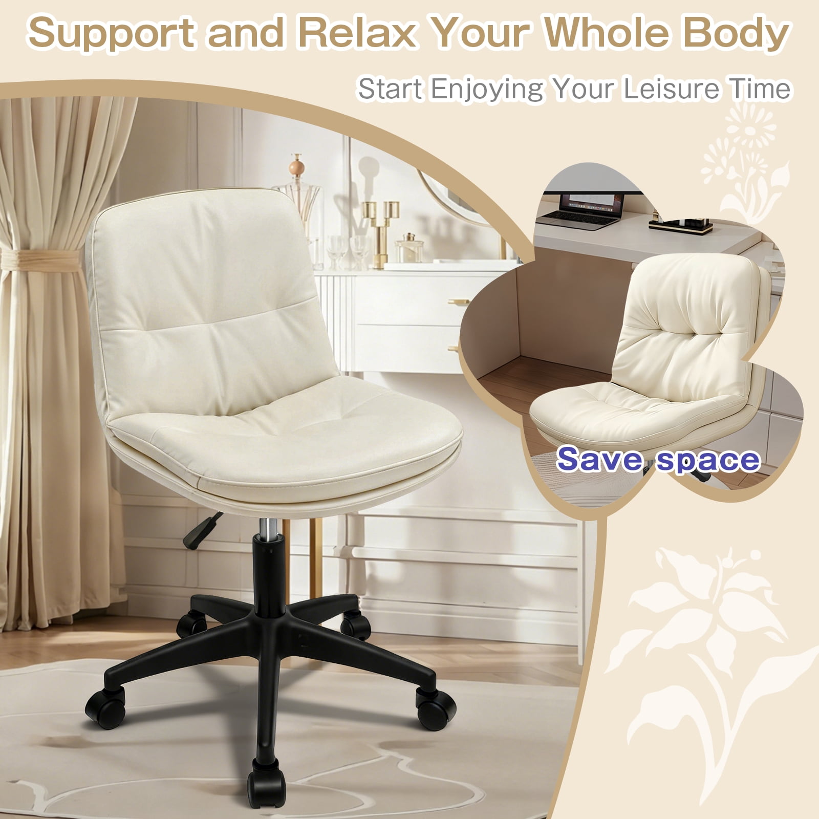 Small Office Desk Chair, PU Leather Armless Swivel Chair with Lumbar Pillow, Height Adjustable Task Chair for Small Spaces, Bedroom & Vanity Beige