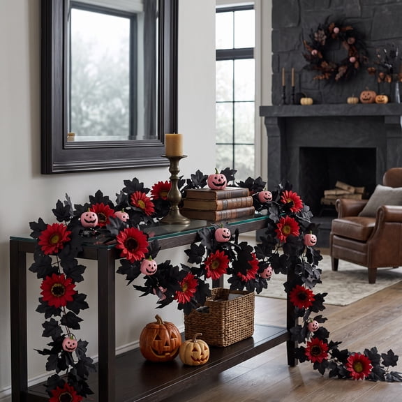 Halloween Artificial Garland 6ft with Black Leaves Red Sunflowers Pumpkins Fall Decor for Mantel Table Front Door Indoor Outdoor Party Display Items Collections