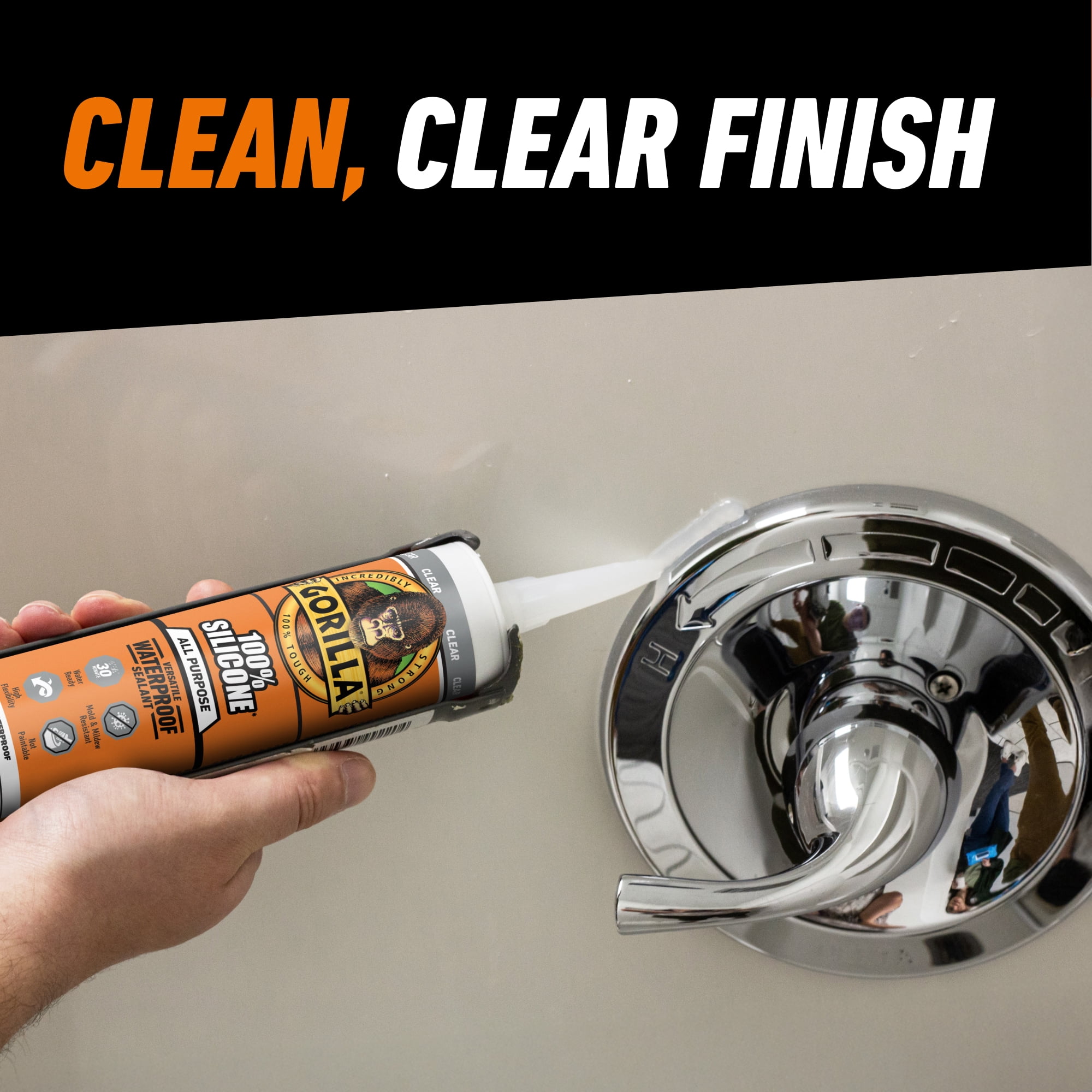 (2 pack) Gorilla Waterproof Caulk & Seal Silicone Sealant, 10oz Cartridge - Clear Caulking Sealant for Kitchen, Window, Bath, Marine, Door and More