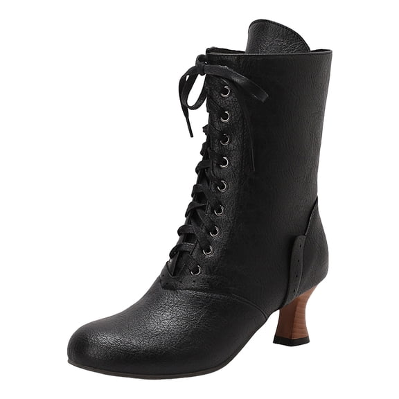 YLYL Mid Calf Boots for Women Cuban Heel Lace up Vintage Victorian Costume Goth Witch Granny Boots