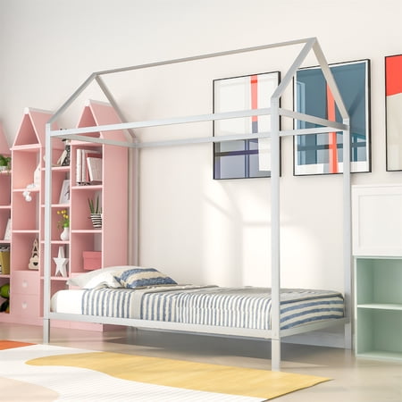 AMOSTBY Metal Twin Size House Bed, Platform Floor Bedframe for Kids, No Box Spring Needed, Black