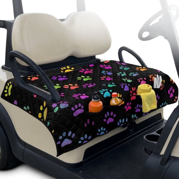 Uorisanigo Golf Cart Seat Covers Universal Colorful Dog Paw Print Golf Cart Seat Towel Blanket with 4 Front Pockets, Fits for EZGO, Club Car, Yamaha and More Golf Seat Protector