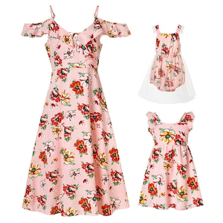 

PopReal Mommy and Me Dresses Floral Print Cold Shoulder Ruffle Backless Strap Romper Beach Midi Dress Summer