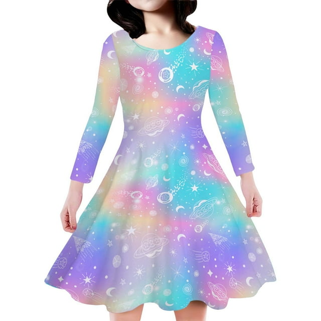 Afdoent Robes pour Filles Imprimé Coloré Robe à Manches Longues pour Filles Mode Décontractée pour Fêtes Vêtements Quotidiens pour Enfants de 8-9 Ans