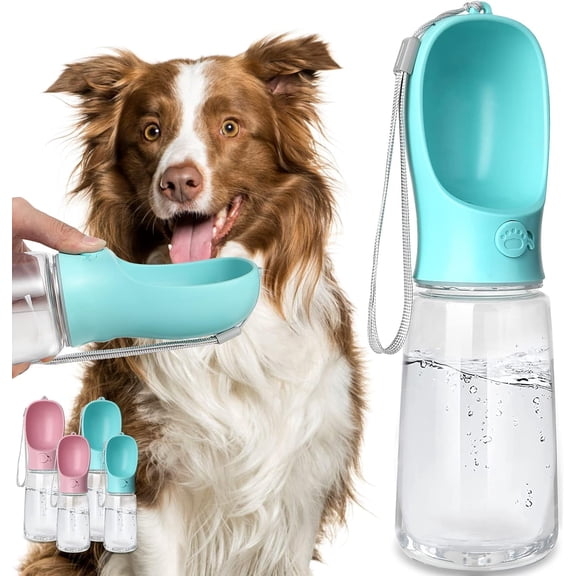 TETOU 10.2*2.7" Dog Water Bottle, 19oz Leak Proof Portable Puppy Water Dispenser with Drinking Feeder for Pets Outdoor Walking Hiking Travel Food Grade Plastic - Blue
