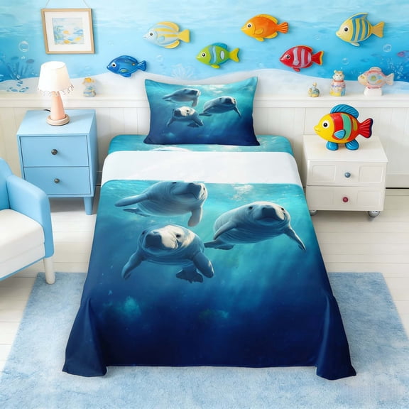 Manfei Underwater Manatee Twin Sheet Sets for Kids Boys and Girls, Ocean Animal Bedding 3 Pieces, 1 Flat Sheet, 1 Fitted Sheet and 1 Pillowcase