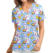 Uheoun Womens Tops Easter Day Scrubs for Women Short Sleeve V-neck Tops Uniform Easter Printed Pockets Blouse Nursing