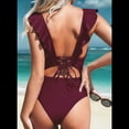 thumbnail image 4 of Traje de Baño de una Pieza con Volantes para Mujer, Escote en V, con Cordones, Vino Tinto, Talla M, 4 of 6