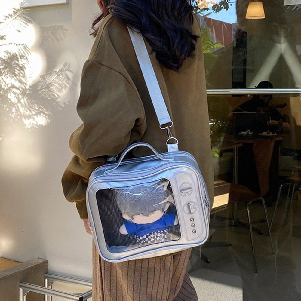 Slccxzc Silver TV Design Ita Bag PU Leather Pin Display Backpack Crossbody Shoulder Bag