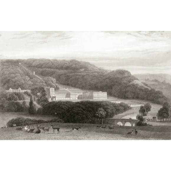 19th century view of Chatsworth House, Derbyshire, England. From Churton's Portrait and Lanscape Gallery, published 1836. Poster Print (34 x 22)