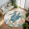 thumbnail image 3 of 8ft Round Rug, Sea Turtle Coastal Non-Skid Rubber Backing Large Area Rugs - Living Room Bedroom Home Office, Vintage Beach Coral Starfish Nautical Indoor Floor Mat Carpets Washable Rug, 3 of 9