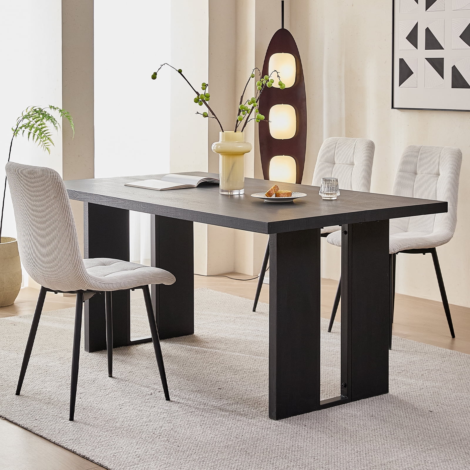 63" Dining Table Set for 4 6 People, 5 Piece Kitchen Dining Room Table with 4 White Corduroy Chairs for Living Kitchen Room Apartment